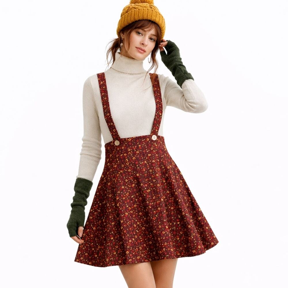 Floral Organic Cotton Pinafore Burgundy Dress, Adjustable Suspender Mini Dress L - Picture 2 of 12